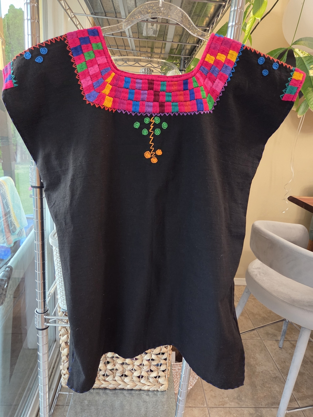 100% Cotton Hand-Embroidered Black Mexican-style Peasant Top with Bright Trim